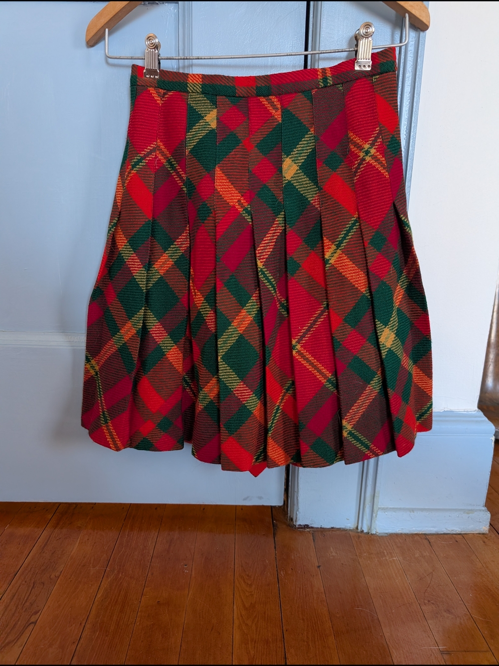 Womens Pleated Wool Red & Green Tartan Skirt with Buckle Detail